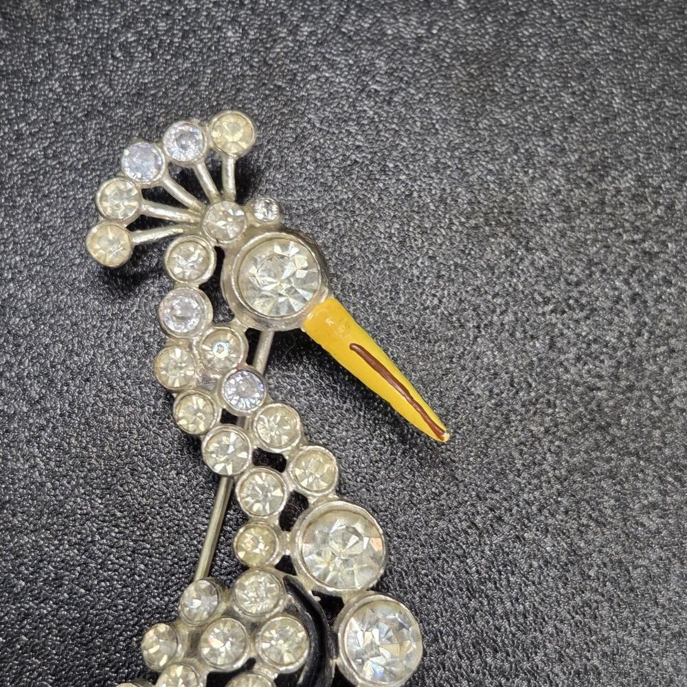 Antique Rhinestone Brooch Crane Bird with Rhinestones & Enamel 4.5” 1930s RARE - Picture 7 of 10